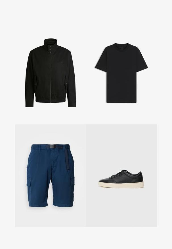 Black jacket with a high collar, zippered front, and elastic waistband. Features side pockets with cover flaps and subtle logo detailing.; Black short-sleeve T-shirt made from a smooth cotton blend, featuring a crew neckline and a minimalistic design with no patterns or accents.; Navy blue cargo shorts made of lightweight fabric, featuring a belted waist, side pockets, and a subtle texture.; Black low-top leather sneaker with black laces and off-white sole shown in side profile on white background.