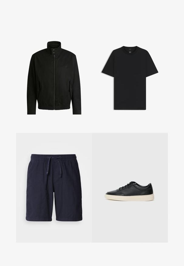 Black jacket with a high collar, zippered front, and elastic waistband. Features side pockets with cover flaps and subtle logo detailing.; Black short-sleeve T-shirt made from a smooth cotton blend, featuring a crew neckline and a minimalistic design with no patterns or accents.; Navy blue shorts made of lightweight fabric, featuring an elastic waistband with a drawstring and side pockets. Casual design with stitched hems.; Black low-top leather sneaker with black laces and off-white sole shown in side profile on white background.