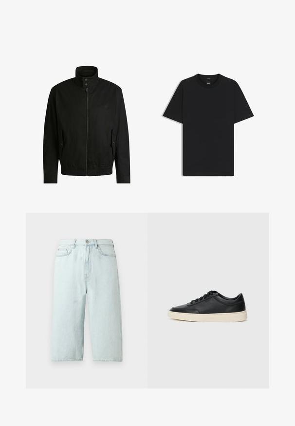 Sort jakke med høj krave, lynlåslukning foran og elastisk liv. Har sidelommer med coverlapper og subtile logo-detaljer.; Sort kortærmet T-shirt lavet af en glat bomuldsblanding, med en rund halsudskæring og et minimalistisk design uden mønstre eller accenter.; Lyseblå denimshorts med lige ben, mellemhøj talje, forlommer og en enkelt baglomme, afsluttet med diskret syning.; Sort lavt top lædersneaker med sorte snørebånd og off-white sål vist i sideprofil på hvid baggrund.