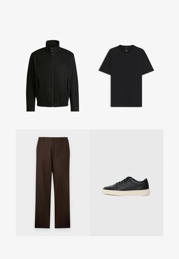 Musta takki korkealla kauluksella, vetoketjulla edessä ja joustavalla vyötäröllä. Varustettu sivutaskuilla, joissa on suojapeitteet ja hienovarainen logotaito.; Musta lyhythiha T-paita, joka on valmistettu sileästä puuvillasekoitteesta. Paita on varustettu pyöreällä pääntiehen ja siinä on minimaalinen muotoilu ilman kuvioita tai yksityiskohtia.; Ruske, natančno krojene hlače s ravnim krojem, zapiranjem na gumb in gladko teksturo tkanine. Brez vidnih vzorcev ali dodatkov.; Musta matalavartinen nahkastretchu, jossa on mustat nauhat ja vaaleanharmaa pohja, esitetty sivuprofiilissa valkoista taustaa vasten.