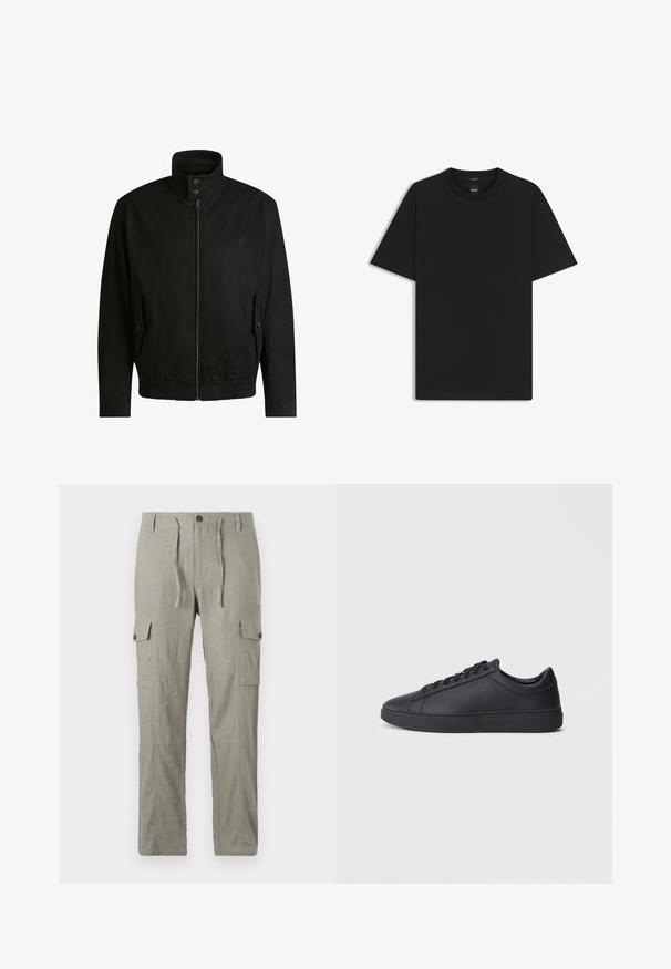 Schwarze Jacke mit hohem Kragen, Reißverschluss vorne und elastischem Bund. Enthält Seitentaschen mit Klappen und dezenten Logodetails.; Schwarz T-Shirt mit kurzen Ärmeln aus einem glatten Baumwollmix, mit Rundhalsausschnitt und einem minimalistischen Design ohne Muster oder Akzente.; Helle graue Cargo-Hosen aus strukturiertem Stoff, mit einem Kordelzugbund, vorderem Knopfverschluss und mehreren Seitentaschen.; Schwarze Sneaker aus glattem Leder mit einem tiefen Design, runder Zehenform und flacher Gummi-Sohle. Mit Schnürsenkeln und dezentem Branding.