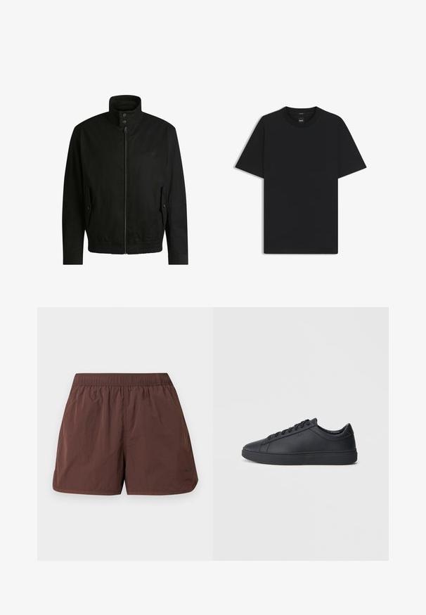 Svart jacka med hög krage, dragkedja fram och elastiskt midjeband. Har fickor på sidorna med lock och subtil logodetalj.; Svart kortärmad T-shirt i en mjuk bomullsblandning, med rundad halsringning och en minimalistisk design utan mönster eller detaljer.; Bruna lätta shorts med resår i midjan och sidofickor. Har en slät, lätt skrynklig textur. Inga synliga mönster eller detaljer.; Svarta sneakers i slätt läder med låg design, rund tå och platt gummisula. Har snörning och subtil branding.