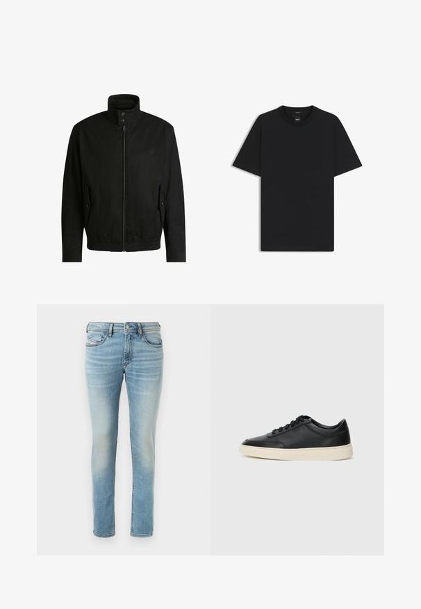 Svart jacka med hög krage, dragkedja fram och elastiskt midjeband. Har fickor på sidorna med lock och subtil logodetalj.; Svart kortärmad T-shirt i en mjuk bomullsblandning, med rundad halsringning och en minimalistisk design utan mönster eller detaljer.; Ljust blå denimjeans med en figurnära passform, femfickdesign och subtil blekning, med knappknäppning och bälteshällor.; Svart låg skor i läder med svarta snören och off-white sula, visas i sidoprofil på vit bakgrund.