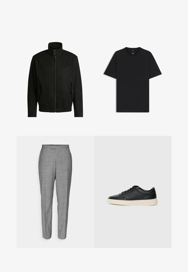 Musta takki korkealla kauluksella, vetoketjulla edessä ja joustavalla vyötäröllä. Varustettu sivutaskuilla, joissa on suojapeitteet ja hienovarainen logotaito.; Musta lyhythiha T-paita, joka on valmistettu sileästä puuvillasekoitteesta. Paita on varustettu pyöreällä pääntiehen ja siinä on minimaalinen muotoilu ilman kuvioita tai yksityiskohtia.; Harmaat räätälöidyt housut, joissa on hienovarainen ruutukuosi, suora leikkaus ja sileä pinta, litteä etuosa sekä vyölenkit.; Musta matalavartinen nahkastretchu, jossa on mustat nauhat ja vaaleanharmaa pohja, esitetty sivuprofiilissa valkoista taustaa vasten.