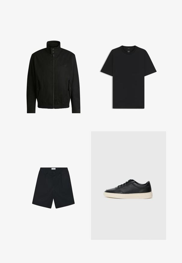 Black jacket with a high collar, zippered front, and elastic waistband. Features side pockets with cover flaps and subtle logo detailing.; Black short-sleeve T-shirt made from a smooth cotton blend, featuring a crew neckline and a minimalistic design with no patterns or accents.; Black shorts made of fabric with a smooth texture. Features include a button closure, two front pleats, and a standard waistband.; Black low-top leather sneaker with black laces and off-white sole shown in side profile on white background.