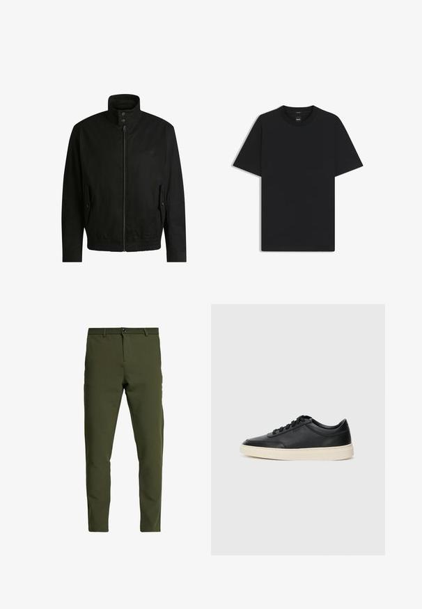 Black jacket with a high collar, zippered front, and elastic waistband. Features side pockets with cover flaps and subtle logo detailing.; Black short-sleeve T-shirt made from a smooth cotton blend, featuring a crew neckline and a minimalistic design with no patterns or accents.; Olive green trousers with a slim fit, made from a smooth, durable fabric. Features a zip fly, button closure, and standard pockets.; Black low-top leather sneaker with black laces and off-white sole shown in side profile on white background.