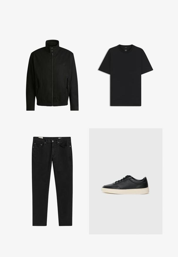 Czarna kurtka z wysokim kołnierzem, zamkiem błyskawicznym z przodu i elastycznym paskiem u dołu. Posiada boczne kieszenie z klapkami oraz subtelne detale logo.; Czarny t-shirt krótki rękaw wykonany z gładkiej mieszanki bawełny, z okrągłym dekoltem i minimalistycznym designem bez wzorów czy akcentów.; Czarne dżinsy o slim fit, z pięcioma kieszeniami, metalowymi akcesoriami i subtelnymi detalami w szwie. Gładka tekstura, prosty krój nogawki.; Czarne niskie skórzane sneakersy z czarnymi sznurówkami i off-white podeszwą, prezentowane w profilu bocznym na białym tle.