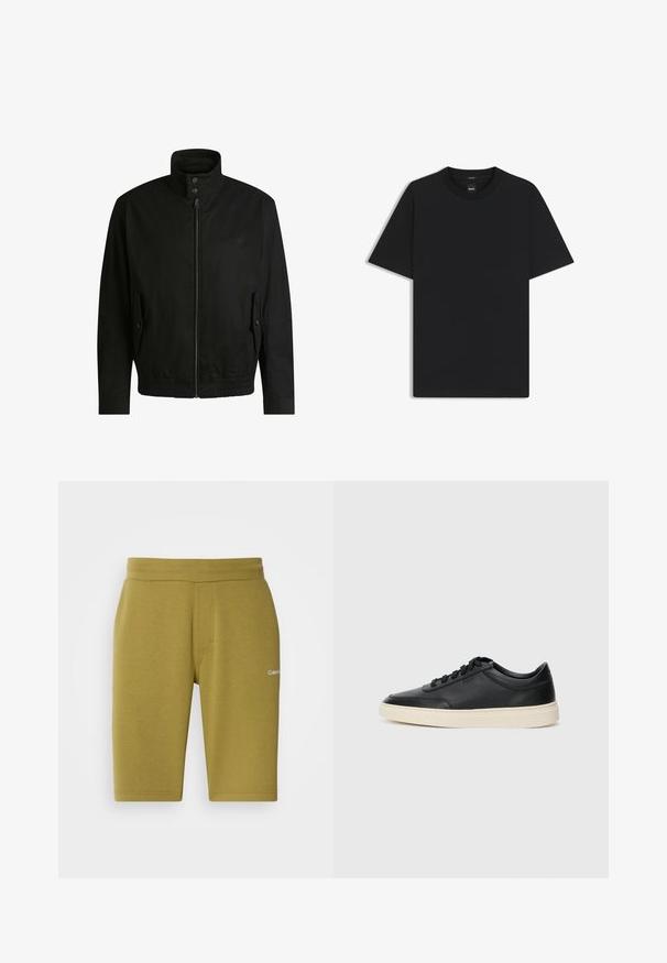 Black jacket with a high collar, zippered front, and elastic waistband. Features side pockets with cover flaps and subtle logo detailing.; Black short-sleeve T-shirt made from a smooth cotton blend, featuring a crew neckline and a minimalistic design with no patterns or accents.; Olive green shorts made of soft cotton blend, featuring a smooth texture, elastic waistband, and discreet logo on the left side.; Black low-top leather sneaker with black laces and off-white sole shown in side profile on white background.