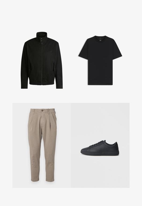 Musta takki korkealla kauluksella, vetoketjulla edessä ja joustavalla vyötäröllä. Varustettu sivutaskuilla, joissa on suojapeitteet ja hienovarainen logotaito.; Musta lyhythiha T-paita, joka on valmistettu sileästä puuvillasekoitteesta. Paita on varustettu pyöreällä pääntiehen ja siinä on minimaalinen muotoilu ilman kuvioita tai yksityiskohtia.; Beige-housut, joissa on strukturoitu kangas, nappikiinnitys ja joustava vyötärö. Suunniteltu kapenevalla lahkeella ja etusilkkureilla.; Mustat lenkkarit, jotka on valmistettu sileästä nahasta, matalalla varrella, pyöreällä varvalla ja tasaisella kumipohjalla. Varusteena nauhat ja huomaamaton brändäys.