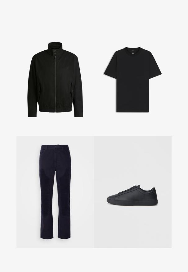 Czarna kurtka z wysokim kołnierzem, zamkiem błyskawicznym z przodu i elastycznym paskiem u dołu. Posiada boczne kieszenie z klapkami oraz subtelne detale logo.; Czarny t-shirt krótki rękaw wykonany z gładkiej mieszanki bawełny, z okrągłym dekoltem i minimalistycznym designem bez wzorów czy akcentów.; Ciemnoniebieskie spodnie z korduroju, charakteryzujące się gładkim materiałem, prostymi nogawkami oraz poziomymi żeberkowymi naszywkami na przednich kieszeniach dla dodatkowej tekstury.; Czarne trampki wykonane z gładkiej skóry, w niskim kroju, z okrągłym noskiem i płaską gumową podeszwą. Posiadają sznurówki oraz dyskretną markę.
