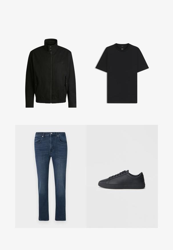 Schwarze Jacke mit hohem Kragen, Reißverschluss vorne und elastischem Bund. Enthält Seitentaschen mit Klappen und dezenten Logodetails.; Schwarz T-Shirt mit kurzen Ärmeln aus einem glatten Baumwollmix, mit Rundhalsausschnitt und einem minimalistischen Design ohne Muster oder Akzente.; Dunkelblaue Slim-Fit-Jeans aus Denim mit Front- und Münztaschen, Knopfverschluss und dezenten Ausbleichungen auf den Oberschenkeln.; Schwarze Sneaker aus glattem Leder mit einem tiefen Design, runder Zehenform und flacher Gummi-Sohle. Mit Schnürsenkeln und dezentem Branding.
