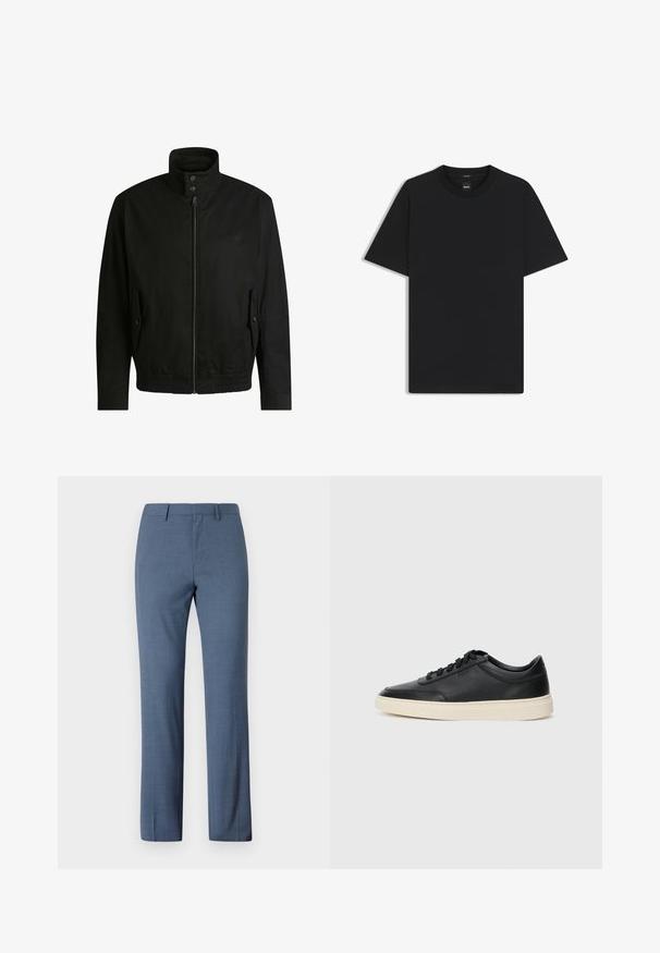 Schwarze Jacke mit hohem Kragen, Reißverschluss vorne und elastischem Bund. Enthält Seitentaschen mit Klappen und dezenten Logodetails.; Schwarz T-Shirt mit kurzen Ärmeln aus einem glatten Baumwollmix, mit Rundhalsausschnitt und einem minimalistischen Design ohne Muster oder Akzente.; Hose aus hellblauem Stoff mit glatter Textur, mit geradem Schnitt, zwei vorderen Taschen und flachem Design.; Schwarzer niedriger Ledersneaker mit schwarzen Schnürsenkeln und cremefarbenem Sohlenrand, seitlich auf weißem Hintergrund dargestellt.