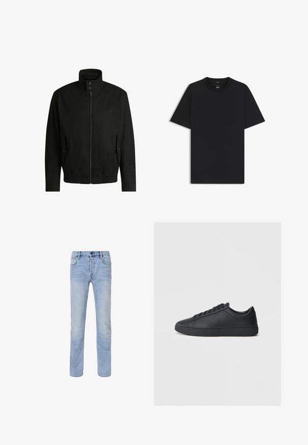 Giacca nera con colletto alto, chiusura con zip e vita elasticizzata. Presenta tasche laterali con flap di copertura e dettagli del logo discreti.; Maglietta nera a maniche corte realizzata in un morbido misto cotone, con scollatura a girocollo e un design minimalista senza motivi o dettagli.; Jeans in denim azzurro chiaro con un design a gamba dritta, cinque tasche e zone scolorite. Presentano una chiusura con zip e bottone.; Sneakers neri realizzati in pelle liscia, con design a bassa cima, punta rotonda e suola piatta in gomma. Presentano lacci e un branding discreto.