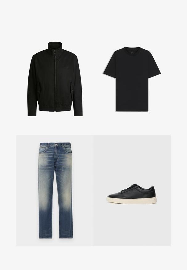 Svart jacka med hög krage, dragkedja fram och elastiskt midjeband. Har fickor på sidorna med lock och subtil logodetalj.; Svart kortärmad T-shirt i en mjuk bomullsblandning, med rundad halsringning och en minimalistisk design utan mönster eller detaljer.; Blå denimjeans med rak skärning, med subtil blekning och slitningar framtill, femfickorsdesign och bälteshuggar.; Svart låg skor i läder med svarta snören och off-white sula, visas i sidoprofil på vit bakgrund.