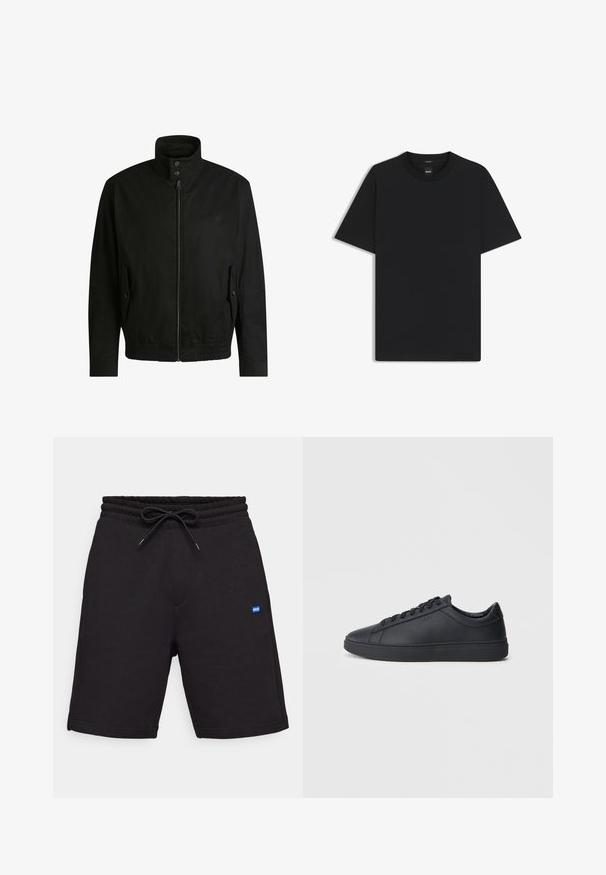 Svart jacka med hög krage, dragkedja fram och elastiskt midjeband. Har fickor på sidorna med lock och subtil logodetalj.; Svart kortärmad T-shirt i en mjuk bomullsblandning, med rundad halsringning och en minimalistisk design utan mönster eller detaljer.; Svarta bomullsshort med dragsko i midjan, med sidofickor och en liten blå logopatch på framsidan. Slät textur.; Svarta sneakers i slätt läder med låg design, rund tå och platt gummisula. Har snörning och subtil branding.