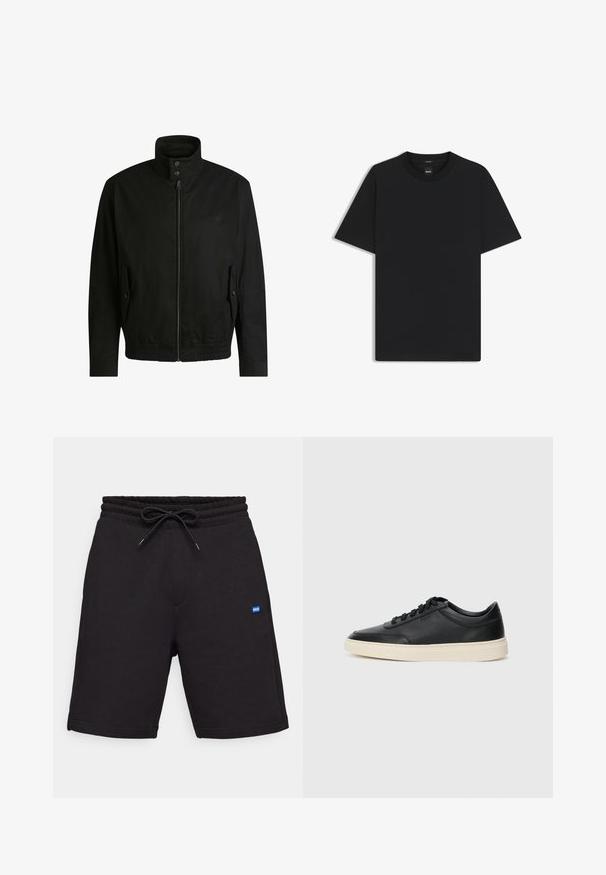 Svart jacka med hög krage, dragkedja fram och elastiskt midjeband. Har fickor på sidorna med lock och subtil logodetalj.; Svart kortärmad T-shirt i en mjuk bomullsblandning, med rundad halsringning och en minimalistisk design utan mönster eller detaljer.; Svarta bomullsshort med dragsko i midjan, med sidofickor och en liten blå logopatch på framsidan. Slät textur.; Svart låg skor i läder med svarta snören och off-white sula, visas i sidoprofil på vit bakgrund.