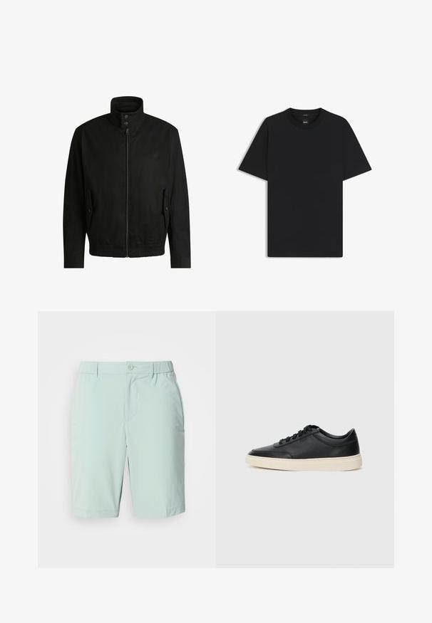 Svart jacka med hög krage, dragkedja fram och elastiskt midjeband. Har fickor på sidorna med lock och subtil logodetalj.; Svart kortärmad T-shirt i en mjuk bomullsblandning, med rundad halsringning och en minimalistisk design utan mönster eller detaljer.; Ljusblå shorts i ett mjukt tyg, med knappstängning, framfickor och en bekväm midja utan synliga mönster.; Svart låg skor i läder med svarta snören och off-white sula, visas i sidoprofil på vit bakgrund.