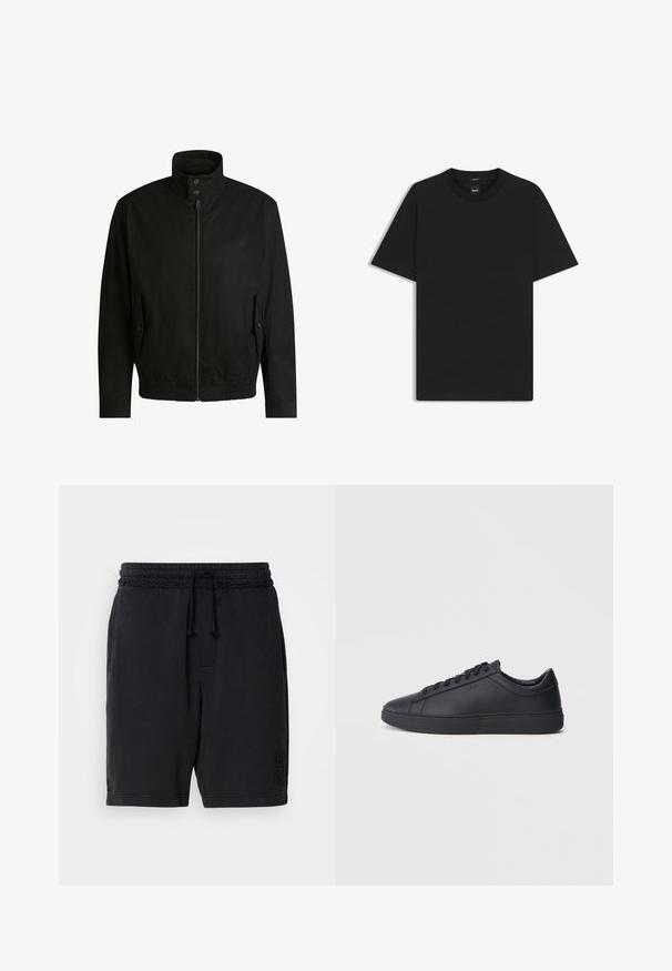 Schwarze Jacke mit hohem Kragen, Reißverschluss vorne und elastischem Bund. Enthält Seitentaschen mit Klappen und dezenten Logodetails.; Schwarz T-Shirt mit kurzen Ärmeln aus einem glatten Baumwollmix, mit Rundhalsausschnitt und einem minimalistischen Design ohne Muster oder Akzente.; Schwarze Baumwollshorts mit elastischem Bund und Kordelzug. Verfügt über seitliche Taschen und dezente, eingebettete Markenkennzeichnung am unteren linken Bein.; Schwarze Sneaker aus glattem Leder mit einem tiefen Design, runder Zehenform und flacher Gummi-Sohle. Mit Schnürsenkeln und dezentem Branding.