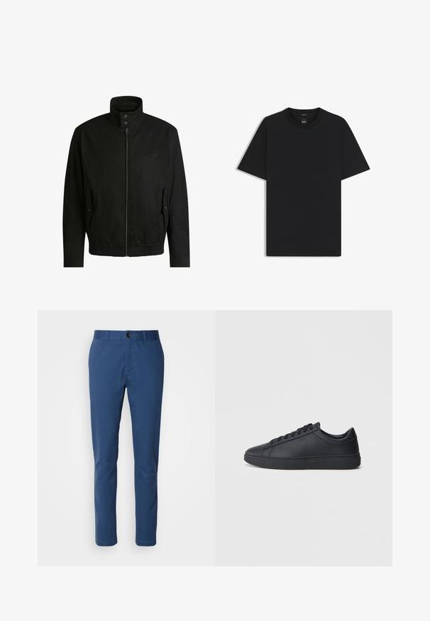 Zwarte jas met een hoge kraag, ritssluiting aan de voorkant en elastische tailleband. Voorzien van zijzakken met deksels en subtiele logo-details.; Zwarte korte mouwen T-shirt van een gladde katoenmix, met een ronde halslijn en een minimalistisch ontwerp zonder patronen of accenten.; Navyblauwe katoenen chinos met een slim fit; heeft een standaard tailleband, zijzakken en een enkele knoopsluiting. Gladde textuur.; Zwarte sneakers van glad leer met een lage schacht, ronde neus en platte rubberen zool. Voorzien van veters en subtiele branding.