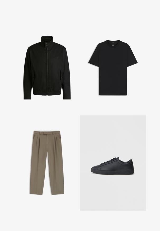 Giacca nera con colletto alto, chiusura con zip e vita elasticizzata. Presenta tasche laterali con flap di copertura e dettagli del logo discreti.; Maglietta nera a maniche corte realizzata in un morbido misto cotone, con scollatura a girocollo e un design minimalista senza motivi o dettagli.; Pantaloni kaki a pieghe con tasche laterali, passanti per cintura e taglio dritto, esposti piatti su uno sfondo bianco.; Sneakers neri realizzati in pelle liscia, con design a bassa cima, punta rotonda e suola piatta in gomma. Presentano lacci e un branding discreto.