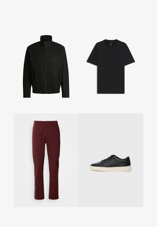 Giacca nera con colletto alto, chiusura con zip e vita elasticizzata. Presenta tasche laterali con flap di copertura e dettagli del logo discreti.; Maglietta nera a maniche corte realizzata in un morbido misto cotone, con scollatura a girocollo e un design minimalista senza motivi o dettagli.; Pantaloni di cotone marroni con taglio dritto, tasche anteriori, chiusura con un singolo bottone e dettagli di cucitura visibili.; Sneaker in pelle nera a basso profilo con lacci neri e suola avorio, mostrato di profilo su sfondo bianco.