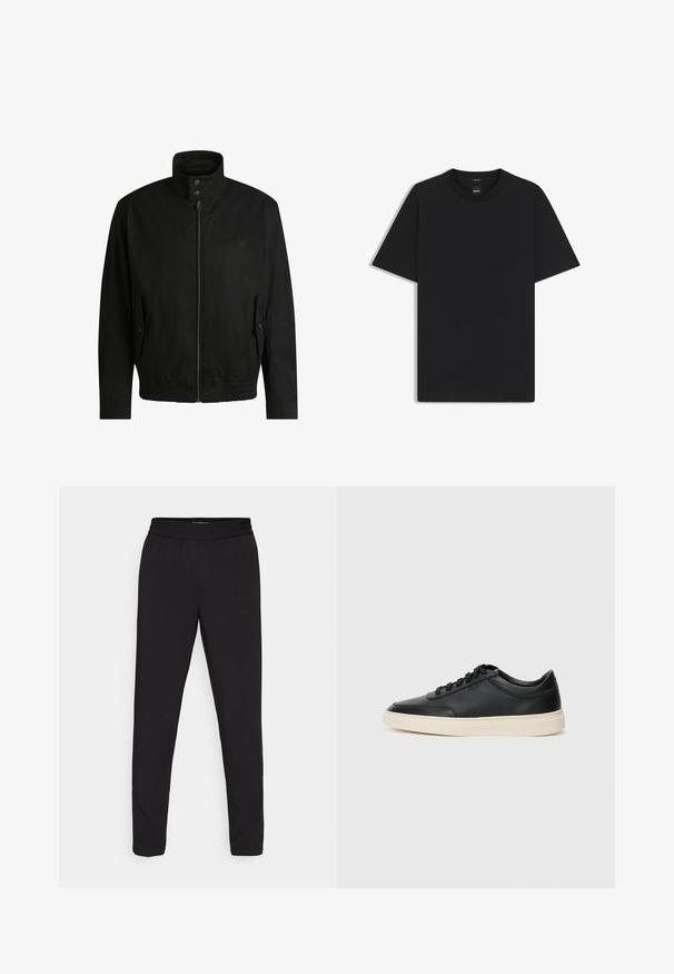 Svart jacka med hög krage, dragkedja fram och elastiskt midjeband. Har fickor på sidorna med lock och subtil logodetalj.; Svart kortärmad T-shirt i en mjuk bomullsblandning, med rundad halsringning och en minimalistisk design utan mönster eller detaljer.; Svarta tajta byxor med elastisk midja, tillverkade av ett glatt och lätt tyg, utan synliga mönster eller metalldetaljer.; Svart låg skor i läder med svarta snören och off-white sula, visas i sidoprofil på vit bakgrund.