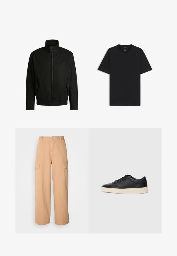 Giacca nera con colletto alto, chiusura con zip e vita elasticizzata. Presenta tasche laterali con flap di copertura e dettagli del logo discreti.; Maglietta nera a maniche corte realizzata in un morbido misto cotone, con scollatura a girocollo e un design minimalista senza motivi o dettagli.; Pantaloni cargo larghi beige realizzati in tessuto leggero, dotati di due tasche laterali e chiusura con bottone in vita. Tessuto morbido.; Sneaker in pelle nera a basso profilo con lacci neri e suola avorio, mostrato di profilo su sfondo bianco.