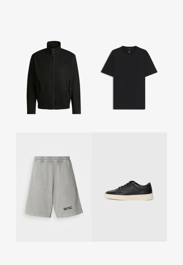 Black jacket with a high collar, zippered front, and elastic waistband. Features side pockets with cover flaps and subtle logo detailing.; Black short-sleeve T-shirt made from a smooth cotton blend, featuring a crew neckline and a minimalistic design with no patterns or accents.; Light gray cotton shorts with an elastic waistband, featuring a black logo on the lower left side and a smooth, plain texture.; Black low-top leather sneaker with black laces and off-white sole shown in side profile on white background.