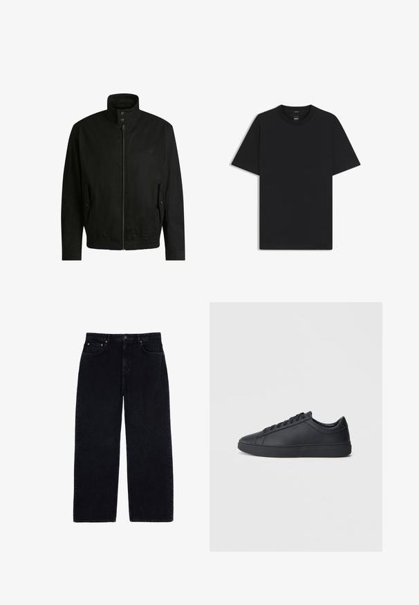 Giacca nera con colletto alto, chiusura con zip e vita elasticizzata. Presenta tasche laterali con flap di copertura e dettagli del logo discreti.; Maglietta nera a maniche corte realizzata in un morbido misto cotone, con scollatura a girocollo e un design minimalista senza motivi o dettagli.; Pantaloni in corda a gamba larga di colore blu scuro, caratterizzati da una texture a righe, design standard a cinque tasche e chiusura con bottone in metallo in vita.; Sneakers neri realizzati in pelle liscia, con design a bassa cima, punta rotonda e suola piatta in gomma. Presentano lacci e un branding discreto.