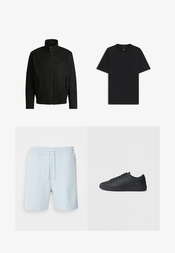 Zwarte jas met een hoge kraag, ritssluiting aan de voorkant en elastische tailleband. Voorzien van zijzakken met deksels en subtiele logo-details.; Zwarte korte mouwen T-shirt van een gladde katoenmix, met een ronde halslijn en een minimalistisch ontwerp zonder patronen of accenten.; Lichtblauwe geribde shorts met een elastische tailleband, details met trekkoord en een klein label aan de linkerkant. Zachte katoenmateriaal.; Zwarte sneakers van glad leer met een lage schacht, ronde neus en platte rubberen zool. Voorzien van veters en subtiele branding.