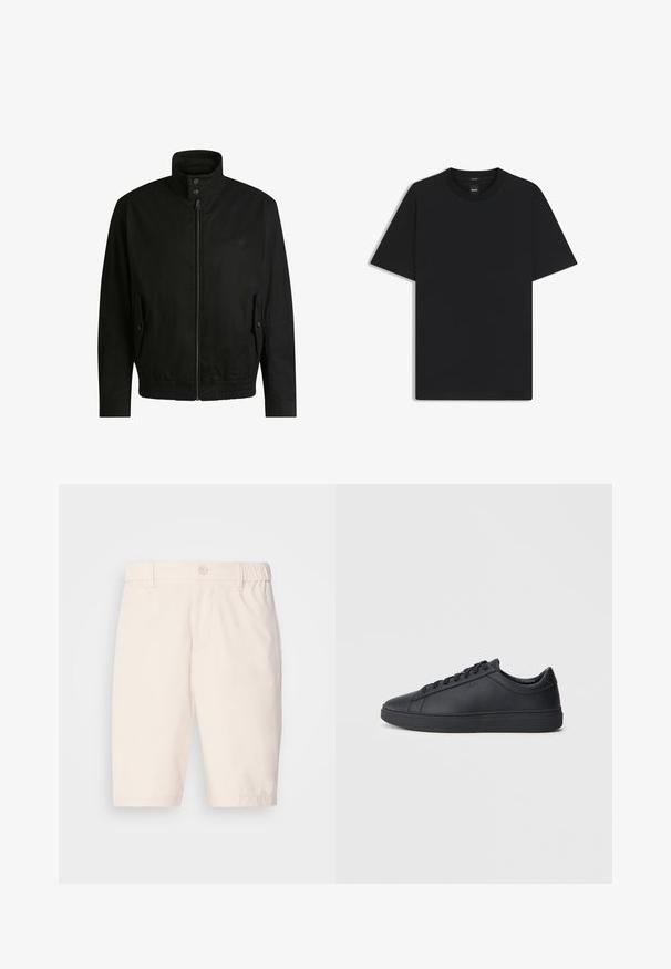 Black jacket with a high collar, zippered front, and elastic waistband. Features side pockets with cover flaps and subtle logo detailing.; Black short-sleeve T-shirt made from a smooth cotton blend, featuring a crew neckline and a minimalistic design with no patterns or accents.; Beige shorts made of lightweight fabric with a button closure, elasticated waistband, side pockets, and a knee-length cut.; Black sneakers made of smooth leather with a low-top design, round toe, and flat rubber sole. Features laces and subtle branding.