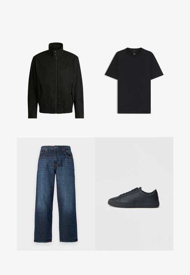 Black jacket with a high collar, zippered front, and elastic waistband. Features side pockets with cover flaps and subtle logo detailing.; Black short-sleeve T-shirt made from a smooth cotton blend, featuring a crew neckline and a minimalistic design with no patterns or accents.; Dark blue denim jeans with a straight-leg design, visible stitching, five pockets, and a button closure at the waist. Smooth texture.; Black sneakers made of smooth leather with a low-top design, round toe, and flat rubber sole. Features laces and subtle branding.