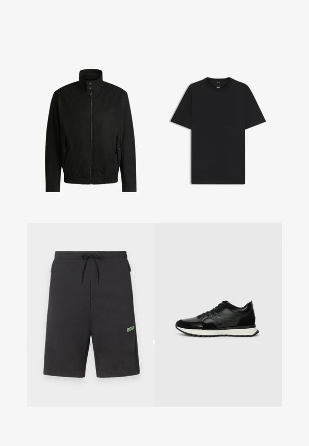 Svart jacka med hög krage, dragkedja fram och elastiskt midjeband. Har fickor på sidorna med lock och subtil logodetalj.; Svart kortärmad T-shirt i en mjuk bomullsblandning, med rundad halsringning och en minimalistisk design utan mönster eller detaljer.; Svarta svettshorts gjorda av mjukt material, med ett dragsnöre i midjan och en grön "BOSS"-logotyp på vänster ben.; Svarta sneakers i texturerat läder och mocka, med en vit mellansula och snörningsdesign. Märkbart logotyp på sidan.
