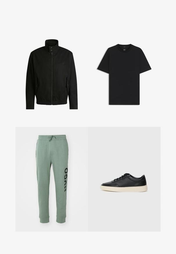 Zwarte jas met een hoge kraag, ritssluiting aan de voorkant en elastische tailleband. Voorzien van zijzakken met deksels en subtiele logo-details.; Zwarte korte mouwen T-shirt van een gladde katoenmix, met een ronde halslijn en een minimalistisch ontwerp zonder patronen of accenten.; Groene sweatpants gemaakt van zachte stof, met een koord in de taille en zijzakken. "HUGO" in vet zwart gedrukt op het linkerpantalon.; Zwarte leren sneaker met lage schacht, zwarte veters en off-white zool, weergegeven in zijprofiel op een witte achtergrond.