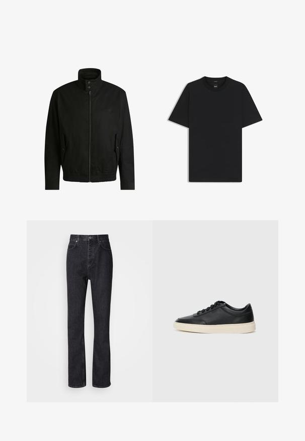 Schwarze Jacke mit hohem Kragen, Reißverschluss vorne und elastischem Bund. Enthält Seitentaschen mit Klappen und dezenten Logodetails.; Schwarz T-Shirt mit kurzen Ärmeln aus einem glatten Baumwollmix, mit Rundhalsausschnitt und einem minimalistischen Design ohne Muster oder Akzente.; Hochtaillierte schwarze Jeans aus Denim mit Knopf- und Reißverschluss, Vorder- und Hintertaschen sowie einer geraden Passform.; Schwarzer niedriger Ledersneaker mit schwarzen Schnürsenkeln und cremefarbenem Sohlenrand, seitlich auf weißem Hintergrund dargestellt.