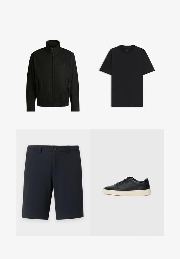 Black jacket with a high collar, zippered front, and elastic waistband. Features side pockets with cover flaps and subtle logo detailing.; Black short-sleeve T-shirt made from a smooth cotton blend, featuring a crew neckline and a minimalistic design with no patterns or accents.; Navy blue shorts made from a smooth fabric, featuring a front button closure, belt loops, and subtle pockets. Flat hemline design.; Black low-top leather sneaker with black laces and off-white sole shown in side profile on white background.