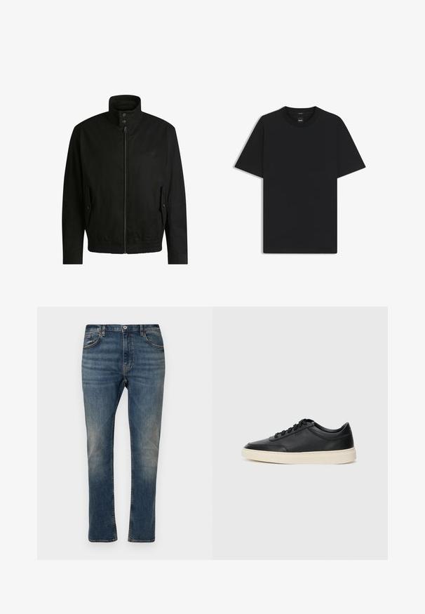 Musta takki korkealla kauluksella, vetoketjulla edessä ja joustavalla vyötäröllä. Varustettu sivutaskuilla, joissa on suojapeitteet ja hienovarainen logotaito.; Musta lyhythiha T-paita, joka on valmistettu sileästä puuvillasekoitteesta. Paita on varustettu pyöreällä pääntiehen ja siinä on minimaalinen muotoilu ilman kuvioita tai yksityiskohtia.; Tummansiniset farkut, joissa on suora leikkaus, viisi taskua, nappi- ja vetoketjusuljenta, sekä hienovaraisia haalistumia ja ompeluaksentteja.; Musta matalavartinen nahkastretchu, jossa on mustat nauhat ja vaaleanharmaa pohja, esitetty sivuprofiilissa valkoista taustaa vasten.