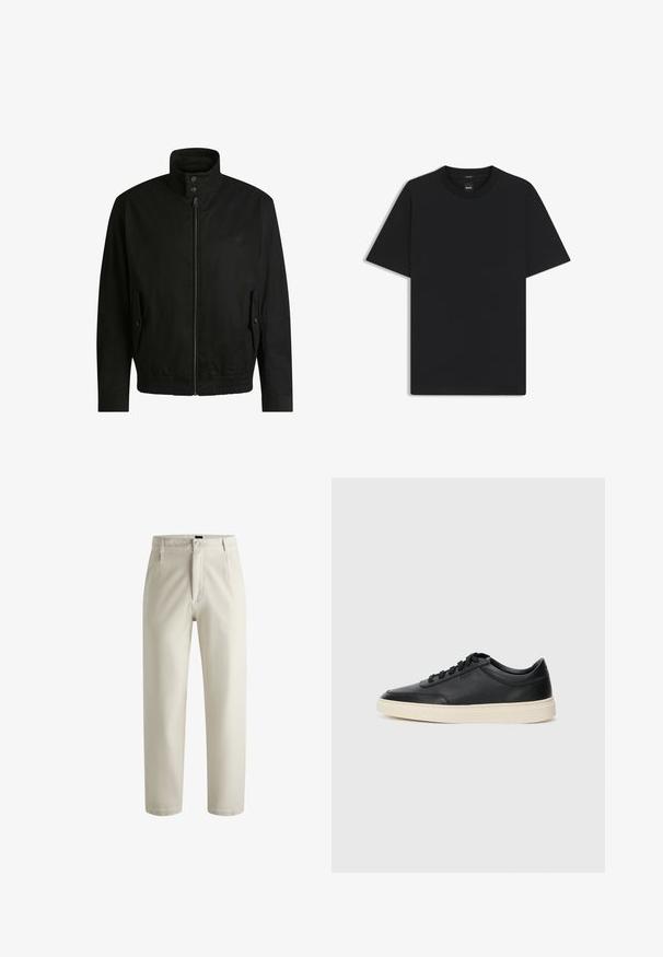 Giacca nera con colletto alto, chiusura con zip e vita elasticizzata. Presenta tasche laterali con flap di copertura e dettagli del logo discreti.; Maglietta nera a maniche corte realizzata in un morbido misto cotone, con scollatura a girocollo e un design minimalista senza motivi o dettagli.; Pantaloni color crema realizzati in cotone, con design a gamba dritta, chiusura frontale con zip e due tasche laterali. Texture liscia con dettagli minimi.; Sneaker in pelle nera a basso profilo con lacci neri e suola avorio, mostrato di profilo su sfondo bianco.