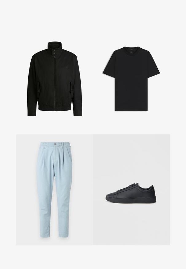 Black jacket with a high collar, zippered front, and elastic waistband. Features side pockets with cover flaps and subtle logo detailing.; Black short-sleeve T-shirt made from a smooth cotton blend, featuring a crew neckline and a minimalistic design with no patterns or accents.; Light blue pants made of textured fabric, featuring a button closure, elastic waistband, and two side pockets. Tapered leg design.; Black sneakers made of smooth leather with a low-top design, round toe, and flat rubber sole. Features laces and subtle branding.