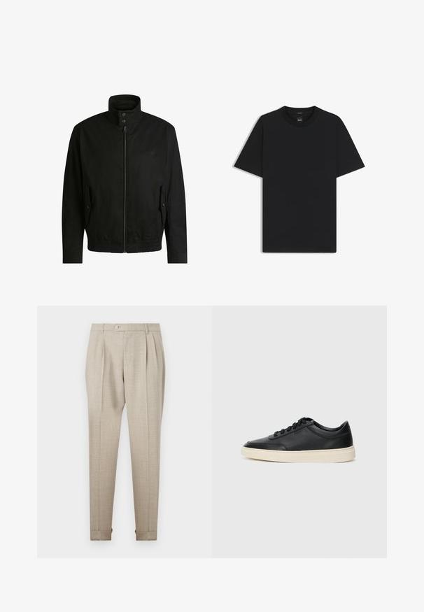 Svart jacka med hög krage, dragkedja fram och elastiskt midjeband. Har fickor på sidorna med lock och subtil logodetalj.; Svart kortärmad T-shirt i en mjuk bomullsblandning, med rundad halsringning och en minimalistisk design utan mönster eller detaljer.; Beige veckade byxor med en slät yta, försedda med knappstängning fram och uppvikta fållar. Skräddarsydd passform och rak ben-design.; Svart låg skor i läder med svarta snören och off-white sula, visas i sidoprofil på vit bakgrund.
