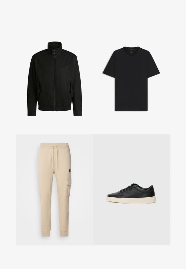 Svart jacka med hög krage, dragkedja fram och elastiskt midjeband. Har fickor på sidorna med lock och subtil logodetalj.; Svart kortärmad T-shirt i en mjuk bomullsblandning, med rundad halsringning och en minimalistisk design utan mönster eller detaljer.; Beiga joggerbyxor tillverkade av mjukt tyg, med dragsko i midjan, sidofickor och ribbstickade muddar för en tajt passform.; Svart låg skor i läder med svarta snören och off-white sula, visas i sidoprofil på vit bakgrund.