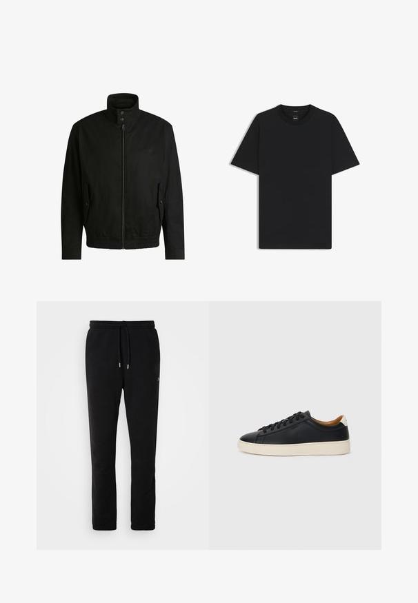 Schwarze Jacke mit hohem Kragen, Reißverschluss vorne und elastischem Bund. Enthält Seitentaschen mit Klappen und dezenten Logodetails.; Schwarz T-Shirt mit kurzen Ärmeln aus einem glatten Baumwollmix, mit Rundhalsausschnitt und einem minimalistischen Design ohne Muster oder Akzente.; Schwarze Sweatpants aus weichem Baumwollstoff, mit einem verstellbaren Bund, schmal zulaufenden Beinen und einem minimalistischen Branding in einem dezenten Design.; Schwarze Ledersneaker mit glatter Textur, beiger Gummisohle, Schnürdesign und einem kontrastierenden Fersenakzent.