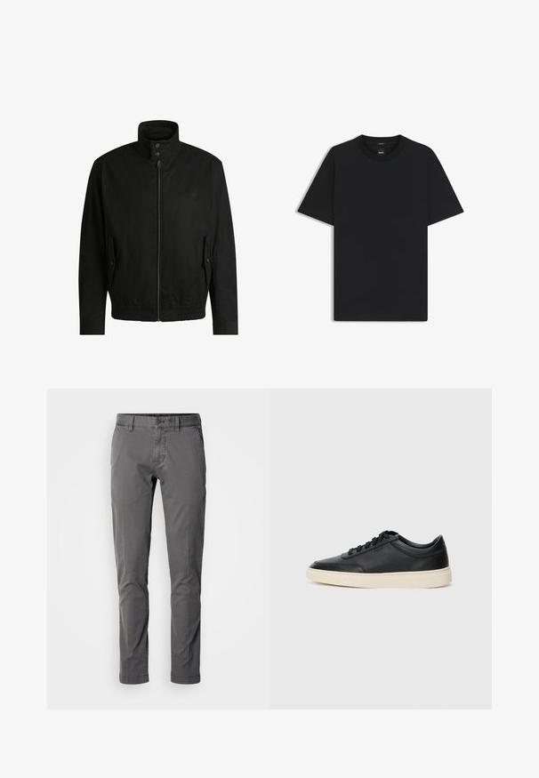 Zwarte jas met een hoge kraag, ritssluiting aan de voorkant en elastische tailleband. Voorzien van zijzakken met deksels en subtiele logo-details.; Zwarte korte mouwen T-shirt van een gladde katoenmix, met een ronde halslijn en een minimalistisch ontwerp zonder patronen of accenten.; Slim-fit grijze katoen broek met een knoopsluiting, zijzakken en een gladde textuur. Heeft een klassiek ontwerp en een op maat gemaakte silhouet.; Zwarte leren sneaker met lage schacht, zwarte veters en off-white zool, weergegeven in zijprofiel op een witte achtergrond.
