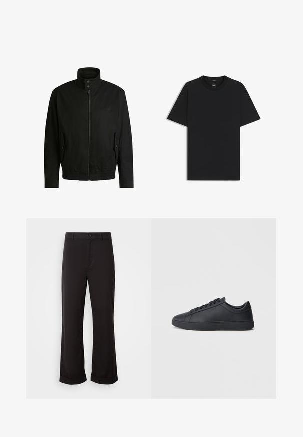 Black jacket with a high collar, zippered front, and elastic waistband. Features side pockets with cover flaps and subtle logo detailing.; Black short-sleeve T-shirt made from a smooth cotton blend, featuring a crew neckline and a minimalistic design with no patterns or accents.; Black trousers with a straight fit, made from lightweight fabric. Features a classic button closure and rolled cuffs at the hem.; Black sneakers made of smooth leather with a low-top design, round toe, and flat rubber sole. Features laces and subtle branding.