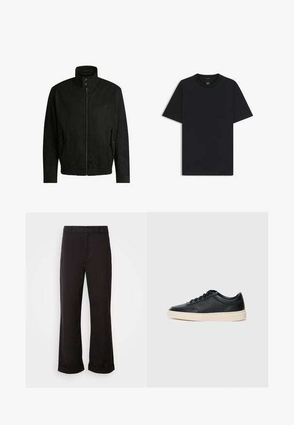 Svart jacka med hög krage, dragkedja fram och elastiskt midjeband. Har fickor på sidorna med lock och subtil logodetalj.; Svart kortärmad T-shirt i en mjuk bomullsblandning, med rundad halsringning och en minimalistisk design utan mönster eller detaljer.; Svarta byxor med rak passform, tillverkade av ett lättviktsmaterial. Har en klassisk knappstängning och uppvikta benslut.; Svart låg skor i läder med svarta snören och off-white sula, visas i sidoprofil på vit bakgrund.