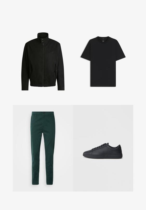 Zwarte jas met een hoge kraag, ritssluiting aan de voorkant en elastische tailleband. Voorzien van zijzakken met deksels en subtiele logo-details.; Zwarte korte mouwen T-shirt van een gladde katoenmix, met een ronde halslijn en een minimalistisch ontwerp zonder patronen of accenten.; Donkergroene chino's van katoen, met een rechte snit, voorzakken, een ritsgulp en een bruine knop bij de taille.; Zwarte sneakers van glad leer met een lage schacht, ronde neus en platte rubberen zool. Voorzien van veters en subtiele branding.