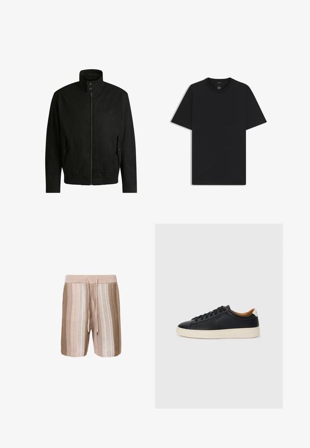Schwarze Jacke mit hohem Kragen, Reißverschluss vorne und elastischem Bund. Enthält Seitentaschen mit Klappen und dezenten Logodetails.; Schwarz T-Shirt mit kurzen Ärmeln aus einem glatten Baumwollmix, mit Rundhalsausschnitt und einem minimalistischen Design ohne Muster oder Akzente.; Beige gestrickte Schwimmshorts mit horizontalen Streifen in helleren Schattierungen, elastischem Bund mit Kordelzug und strukturiertem Stoff.; Schwarze Ledersneaker mit glatter Textur, beiger Gummisohle, Schnürdesign und einem kontrastierenden Fersenakzent.