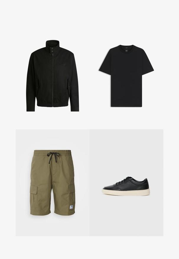 Schwarze Jacke mit hohem Kragen, Reißverschluss vorne und elastischem Bund. Enthält Seitentaschen mit Klappen und dezenten Logodetails.; Schwarz T-Shirt mit kurzen Ärmeln aus einem glatten Baumwollmix, mit Rundhalsausschnitt und einem minimalistischen Design ohne Muster oder Akzente.; Olivgrüne Cargo-Shorts aus leichtem Material, mit einem elastischen Bund und Kordelzug sowie seitlichen Cargo-Taschen.; Schwarzer niedriger Ledersneaker mit schwarzen Schnürsenkeln und cremefarbenem Sohlenrand, seitlich auf weißem Hintergrund dargestellt.