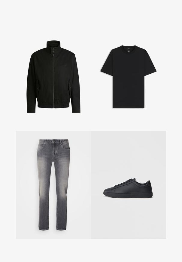 Giacca nera con colletto alto, chiusura con zip e vita elasticizzata. Presenta tasche laterali con flap di copertura e dettagli del logo discreti.; Maglietta nera a maniche corte realizzata in un morbido misto cotone, con scollatura a girocollo e un design minimalista senza motivi o dettagli.; Jeans in denim grigio con taglio dritto, caratterizzati da scoloriture sulle cosce, design a cinque tasche e chiusura con bottone argentato in vita.; Sneakers neri realizzati in pelle liscia, con design a bassa cima, punta rotonda e suola piatta in gomma. Presentano lacci e un branding discreto.