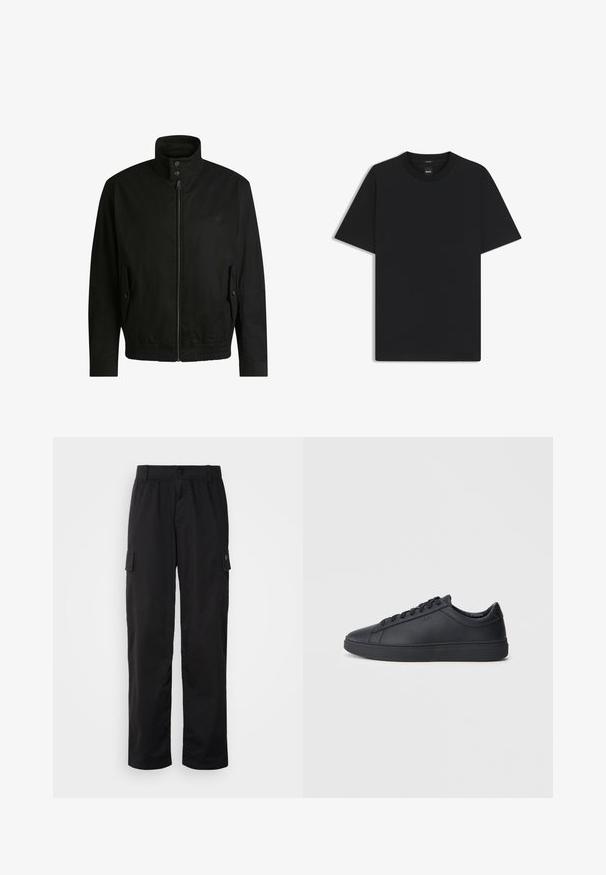 Musta takki korkealla kauluksella, vetoketjulla edessä ja joustavalla vyötäröllä. Varustettu sivutaskuilla, joissa on suojapeitteet ja hienovarainen logotaito.; Musta lyhythiha T-paita, joka on valmistettu sileästä puuvillasekoitteesta. Paita on varustettu pyöreällä pääntiehen ja siinä on minimaalinen muotoilu ilman kuvioita tai yksityiskohtia.; Mustat cargo-housut, joissa on joustava vyötärö, kaksi sivutaskua ja pehmeä, kevyt kangas. Ominaisuuksina suora lahje ja minimalistinen muotoilu.; Mustat lenkkarit, jotka on valmistettu sileästä nahasta, matalalla varrella, pyöreällä varvalla ja tasaisella kumipohjalla. Varusteena nauhat ja huomaamaton brändäys.